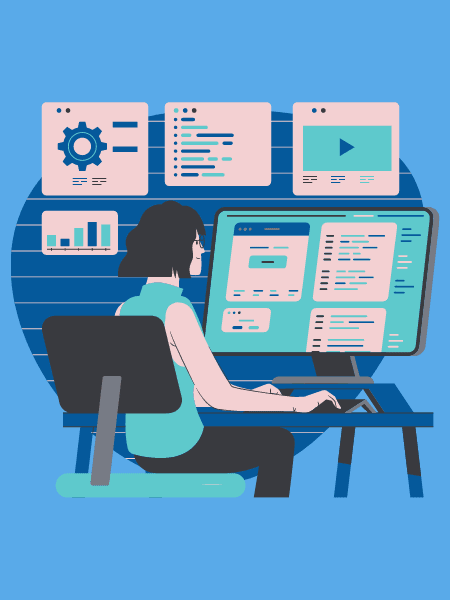 Illustration of a Woman using her computer with financial charts shown