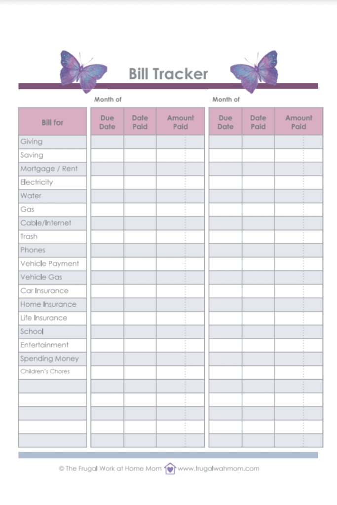 Frugal Wah Mom Bill Tracker