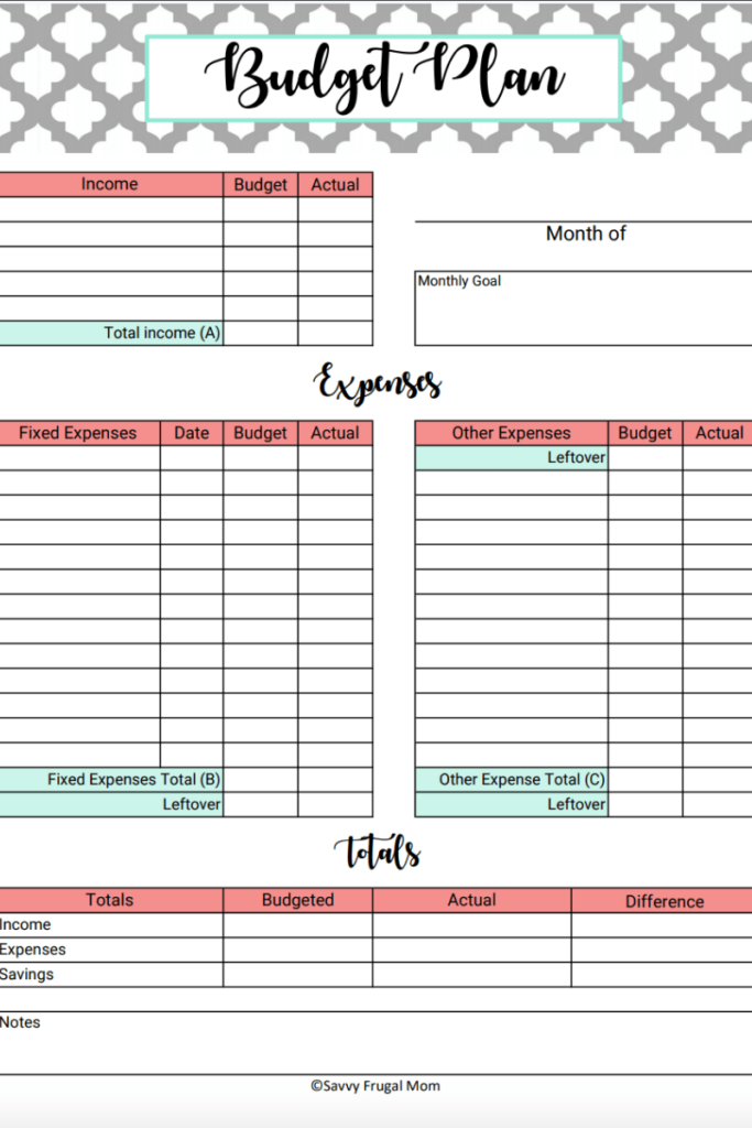 Savvy Frugal Mom Budget Planner Printable