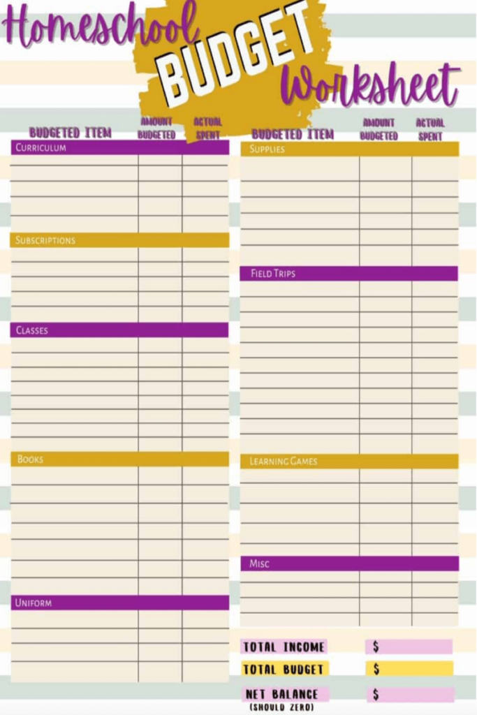 Hessun Academy Homeschool Budget Worksheet