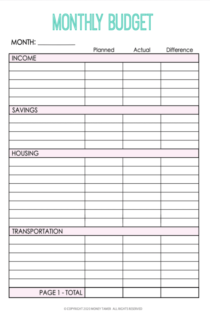 Money Tamer Free Budget Printable