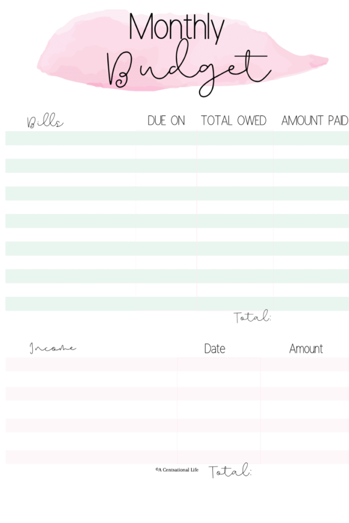 A Centsational Life Monthly Budget Planner