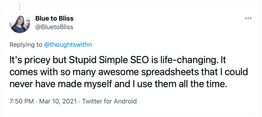 stupid simple SEO review Tweet explaining the benefits of the course and how it can actually help you to rank and make money