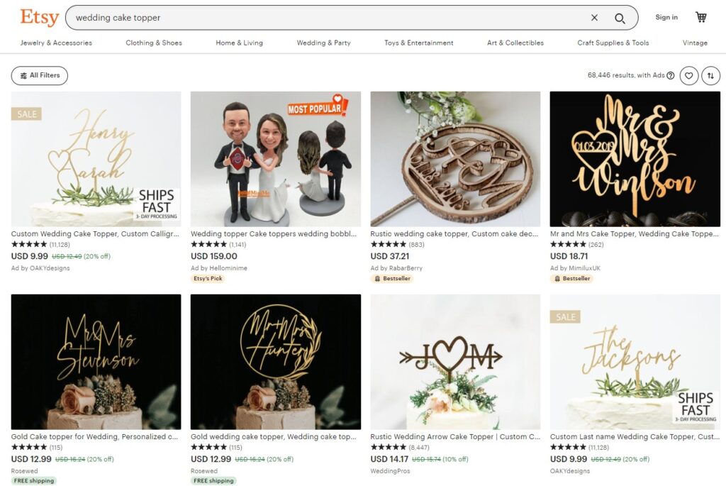 Wedding products on Etsy