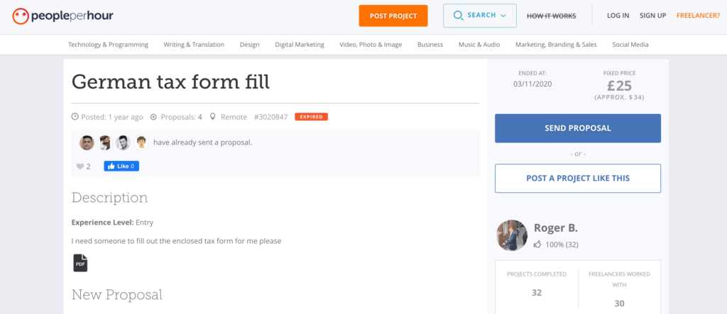 PeoplePerHour - form filling job listing tax form example