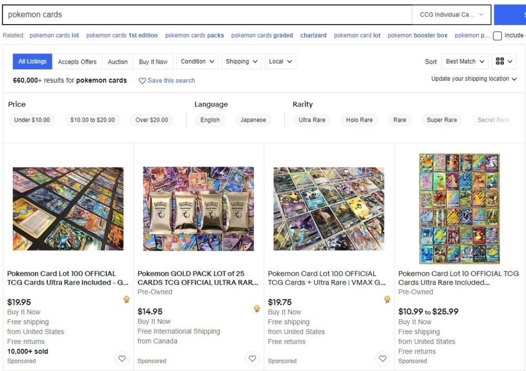 eBay for selling Pokémon cards