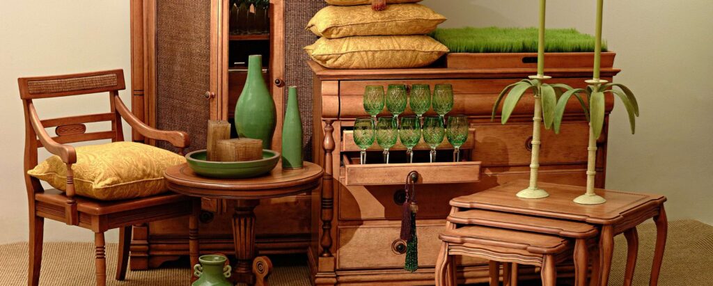 various wooden furniture pieces pictured  with decorations