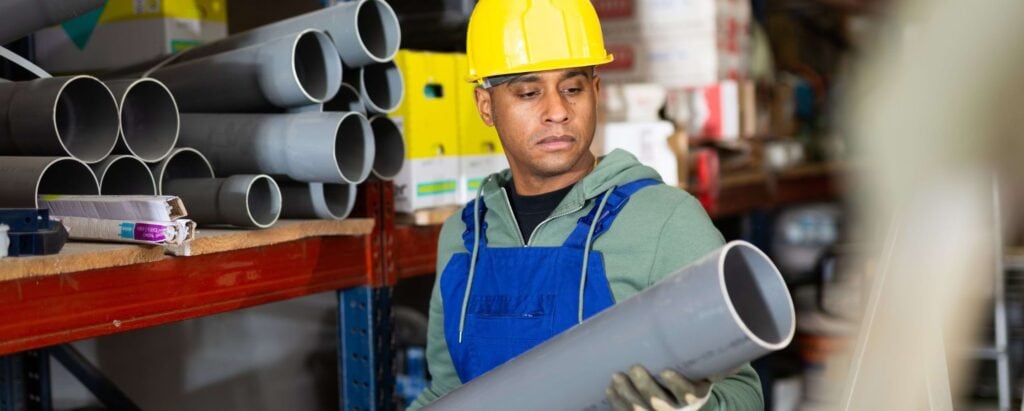 a man in a yellow helmet examining building tubes