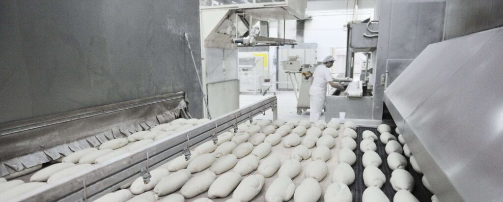 bread dough being produced in a factory