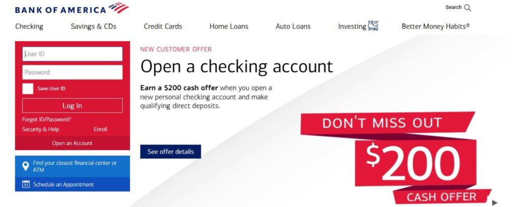 Bank of America homepage