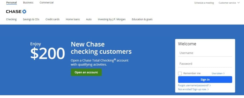 Chase Bank homepage